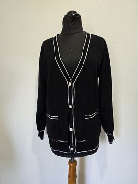 Preppy Black  V-Neck Buttom Cardigan with White Trim.